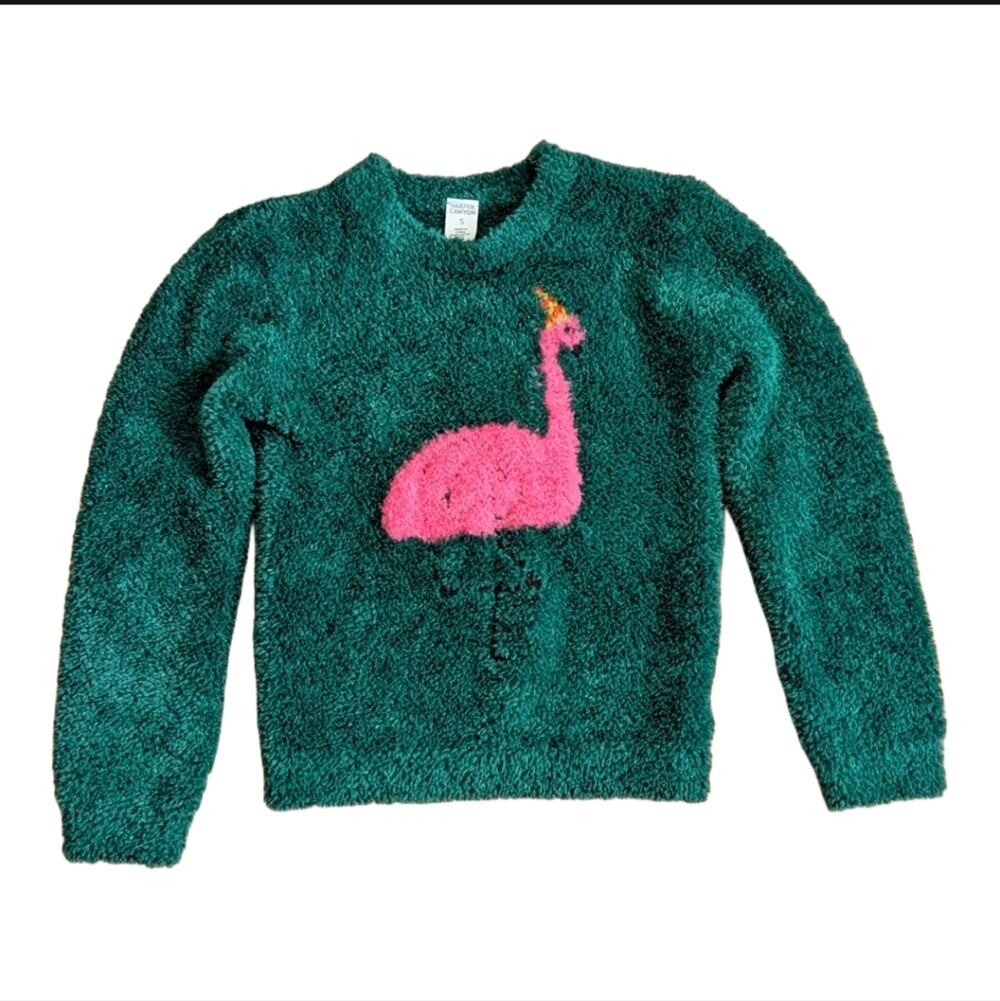 Harper Canyon Girls 5 High Pile Sherpa Fleece Green Party Flamingo Print Sweater